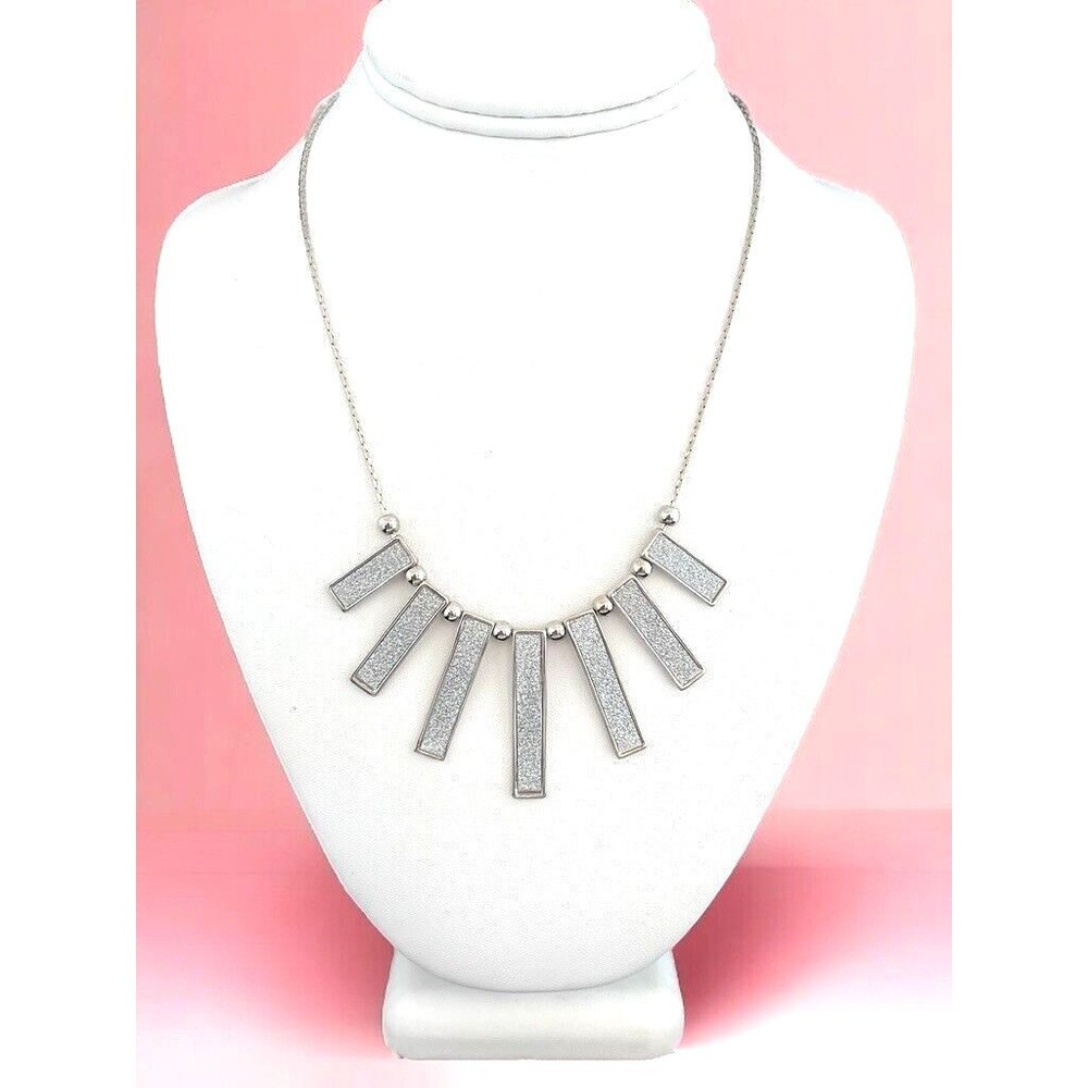 New Silver Tone Bar Fringe Necklace Glitter Statement - 1U